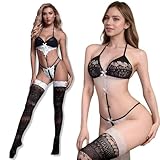 Sadodo 3er Büstenhalter Bikini Set, Höschen & Strümpfe/Weiße Spitze Dessous Sexy Sets,Weiß Lace BH, Tanga & Strümpfe für Fauen,Damen Lingerie Reizwäsche Höschen Strumpf,Sexy Unterwäsche Set