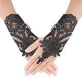 Yolev Damen Fingerlos Spitze Handschuhe Kurz Blumen Bestickt - Schwarze Teeparty Opernball Hochzeit Party Halloween Kleid Accessoires