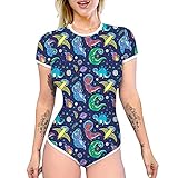 IBAKOM Damen Kurzarm Pyjama Body Niedlicher Print Einteiler Strampler Trikot Nachtwäsche Pyjamas Pj Teddy Overall Schlafanzug Oberteile Königsblau XL