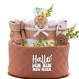 Trend Mama® | Windeltorte Boho Style | Spruch wählbar | 27 Windeln (Gr.2), Musselintuch, Socken & Waschhandschuh |Geschenk Geburt (Design | Hallo ich bin neu hier)