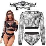 OZXVXZO Damen Sexy Mesh Dessous Set, 3PCS Durchsichtige Aushöhlen Top Shorts und Spitze Maske Unterwäsche Dessous Set Erotische Dessous Lingerie Fischnetz Sexy Bodys Nachtwäsche Erotik Reizwäsche