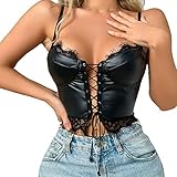 Korsett Damen Corsage Vintage Vollbrust Bridal Wäsche Korsage Crop Top Neckholder Oberteil Bauchfrei Shirt Lack Leder Unterhemd Sexy Clubwear Schnürung Oberteil Sexy Outfit