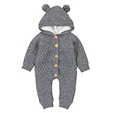 VICROAD Baby Strampler Gestrickter Overall Babykleidung Kapuze mit Süßen Ohren für Jungen Mädchen Neugeborene