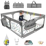 JINXIA Laufstall Baby 190x150cm,Laufgitter Baby mit atmungsaktivem Netz und Matratze, Extra großer Spielstall für Babys und Kleinkinder,robuster Sicherheitsspiel Yard für Innenspaß, xxl,Grau