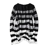 Wahuan Punk Gothic Langer Oversize Gestreifter Zerrissene Longpullover Strickpullover Jumper Tops Langarmshirt Oberteile Gestrickt Lose (Schwarz, OneSize)