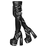 blingqueen Damen Plateau Stiefel Gothic Overknee Boots Blockabsatz Punk Stil Ketten Schnallen Schwarz 42 EU