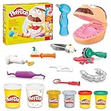 Play-Doh Zahnarzt Dr. Wackelzahn Bastel-Set mit 8 x 56g Becher und 10 Werkzuegen zum Formen, mit Kariesknete und metallfarbener Knete, kreatives für Kinder