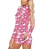 Edhomenn Damen Sexy Einteiler Hohe Taille Butt Flap Jumpsuit Casual Muster Druck Strampler Langarm Kurz Playsuit Bodysuit Pyjama, 02 Pink, XL