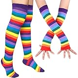 EDOTON Kniestrümpfe Regenbogen Streifen Arm Wärmer Bein Strumpf Bunte Oberschenkel Hohe Socken Fingerlose Handschuhe Hülsen-Set für Frauen Mädchen Party Stützen (Regenbogen)