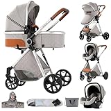 MoLi Kinderwagen 3 in 1, Kinderwagen mit Umkehrbarem Doppelschiebemodus, Buggy mit Großer Bequemer Babywanne, Kombikinderwagen 3 in 1 Rahmen Aluminiumlegierung Faltbar Hohe Landschaft(225 Silver Grey)