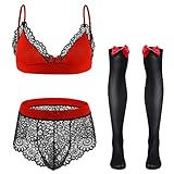 FYMNSI Herren Sissy Dessous Männer Unterwäsche Set Crossdresser Transparent Spitzen BH Top String Tanga Slip mit Lange Strümpfe 3tlg Reizwäsche Erotik Unterhose Nachthemden Negligee Schwarz + Rot 3XL