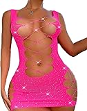 Damen Partykleid,Damen Kurzes Kleid aus Fischnetz,Clubwear Partykleid Mesh-Einsätze，Sexy Minikleid Dessous Set，Sexy Bodycon Fischnetz Minikleid (Rosarot)