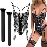 Sadodo Dessous Sexy Sets,Strapsen Dessous Set mit Spitzenstrümpfe,Erotiek Wäsche für Fauen,Babydoll Damen Bodysuit,Overall Lingerie mit Loch Reizwäsche Höschen Strumpf,Sexy Unterwäsche Schwarz