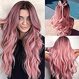 Colorfulpanda Perücke Rosa Damen, Rouge Pink Lang Gewellt Gelockt Locken Natürlich Für Frauen, Ombre Orange Alltag Anime Cosplay Kostümparty Halloween Karneval Wigs