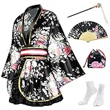 PLULON 5 Stück japanische Kimono Robe für Damen kurzes Kimono-Kleid mit Blumendruck sexy Geisha Yukata Satin Bademantel mit Zubehör