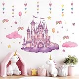 KAIRNE Schloss Kinderzimmer Aufkleber,Rosa Wandtattoo Regenbogen Schloss,Wanddeko Kinderzimmer Mädchen,Wandaufkleber Wolken Sterne Herzform,Märchenschloss Aufkleber für Babyzimmer Schlafzimmer