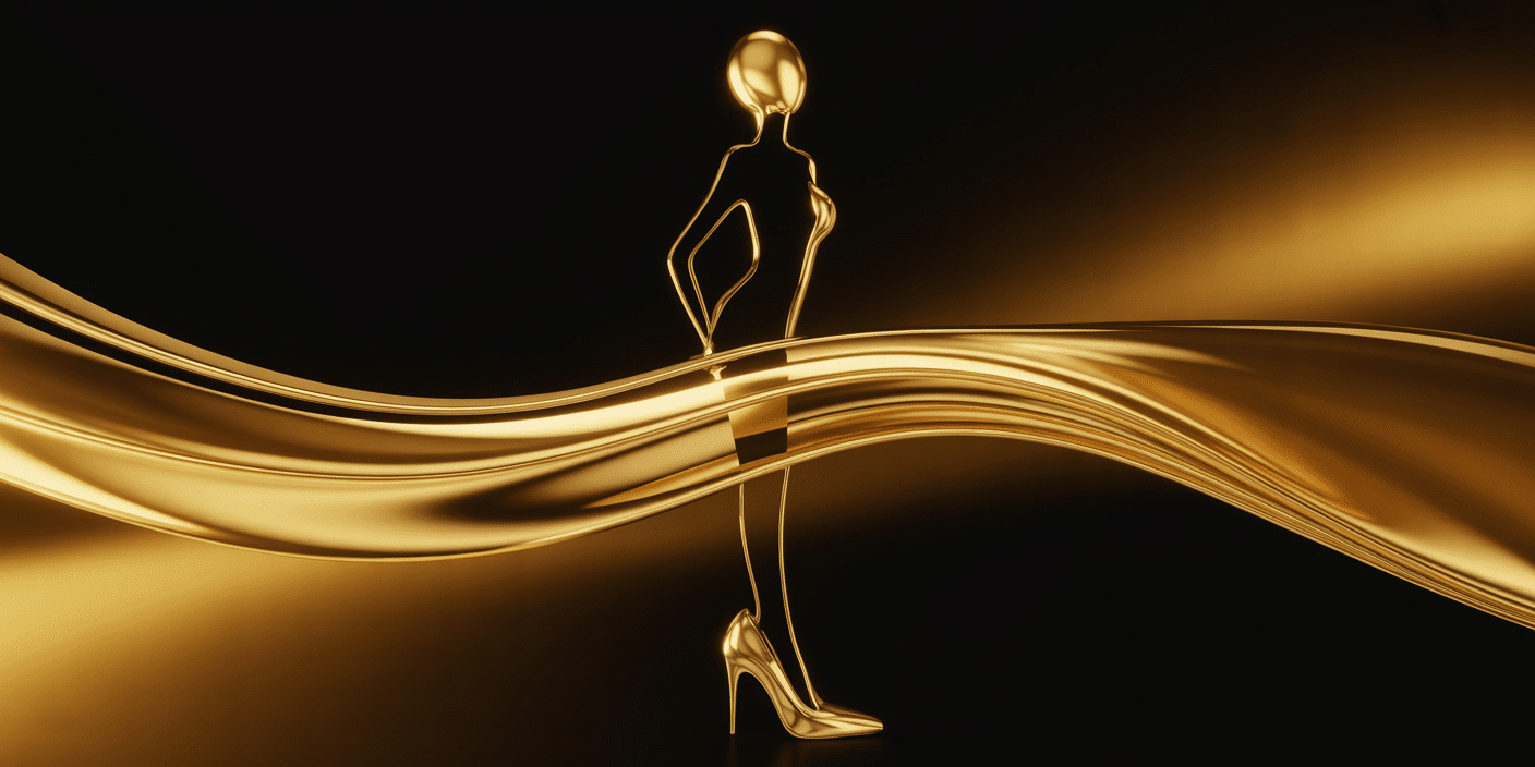 Stilisierte feminine Silhouette in High Heels vor gold-schwarzem Hintergrund – dominanter, luxuriöser BDSM-Look.